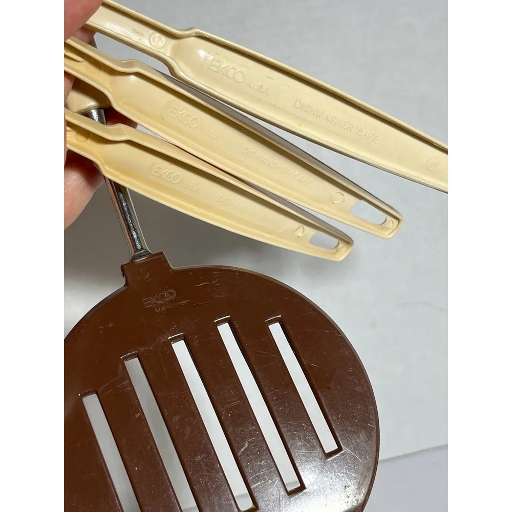 Vintage Ekco Kitchen Utensil 4pc Slotted Spatula Spoons Pasta Server‎ Brown Tan